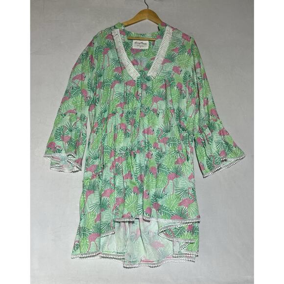 Kenny Flowers Sunshine State Flamingo Dress M Green Pink High Low V Neck Resort - Picture 1 of 15